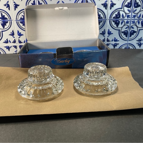 Vntge Crystal Candleholder set Ornate Round Design W/ 1.5' Lift made in Malaysia - Picture 10 of 16